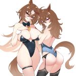  2girls absurdres ahoge alternate_breast_size animal_ears ass back bare_shoulders black_bow black_bowtie black_garter_belt black_garter_straps black_leotard black_thighhighs blush bow bowtie breasts brown_hair closed_mouth coin covered_navel crossed_arms detached_collar ear_ornament garter_belt garter_straps grey_background grey_hair groin hair_between_eyes half-closed_eyes hand_on_own_chest hand_up head_tilt height_difference highleg highleg_leotard highres holding holding_coin horse_ears horse_girl horse_tail huge_breasts jewelry leotard long_hair looking_at_viewer looking_back median_furrow medium_breasts mouth_hold multicolored_hair multiple_girls nakayama_festa_(umamusume) parted_lips playboy_bunny purple_eyes red_eyes rihua_(shichangcwy) seductive_smile simple_background sirius_symboli_(umamusume) skindentation smile strapless strapless_leotard tail tail_through_clothes thigh_strap thighhighs thong_leotard traditional_bowtie two-tone_hair umamusume very_long_hair wrist_cuffs 