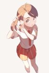  1girl :o adjusting_hair ahoge brown_hair collared_shirt commentary_request eyelashes hands_up juliana_(pokemon) necktie open_mouth orange_necktie orange_shorts pokemon pokemon_sv school_uniform shirt short_sleeves shorts socks solo standing suimoku_(hzdg5322) white_socks 