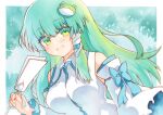  1girl :d bare_shoulders blue_bow bow breasts collared_shirt detached_sleeves frog_hair_ornament gohei green_eyes green_hair hair_ornament hair_tubes highres holding holding_gohei kochiya_sanae long_hair long_sleeves looking_at_viewer medium_breasts open_mouth rinka_(qqqrinkappp) shirt single_hair_tube sleeveless sleeveless_shirt smile snake_hair_ornament solo touhou traditional_media upper_body white_shirt white_sleeves 