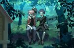  2boys ^_^ ahoge angry black_hair black_pants black_shirt blush capri_pants chueog closed_eyes cosplay costume_switch ethan_(pokemon) forest grass happy hat highres holding holding_jacket holding_unworn_clothes house jacket leaf looking_at_another male_focus multiple_boys nature open_clothes open_jacket open_mouth pants pokemon pokemon_hgss rain red_hair shirt short_hair silver_(pokemon) sitting tree unworn_hat unworn_headwear unworn_jacket 