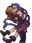  2girls armor bare_shoulders black_bodysuit blonde_hair blue_hair blush bodysuit braid breastplate brown_shoes carrying carrying_person commentary english_commentary from_side highres hug jinx_(league_of_legends) kiss league_of_legends long_hair lux_(league_of_legends) multiple_girls pants pink_pants poposhirat shoes simple_background smile torn_clothes torn_pants twin_braids twintails white_background yuri 
