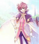  1boy 2000s_(style) black_capelet black_pants blue_sky brown_eyes brown_hair cape capelet closed_mouth commentary_request cowboy_shot day drooping_cat gloves gold_trim hair_between_eyes looking_at_viewer lowres male_focus outdoors pants ragnarok_online red_shirt shirt short_hair sky smile solo two-tone_pants two-tone_shirt vesper_(pixiv3568) white_cape white_gloves white_pants white_shirt wizard_(ragnarok_online) 