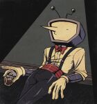  1boy absurdres ant_tenna black_pants bow bowtie commentary corset cowboy_shot crt cup deltarune drinking_glass english_commentary gloves highres holding holding_cup leaning_back male_focus mechanical_arms object_head pants pointy_nose red_bow red_bowtie red_corset shirt shirt_tucked_in solo spotlight starridge suspenders white_gloves white_shirt 