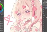  1girl accessories art_program_in_frame blonde_hair blue_eyes blush bow_print casual chi_kan100 choker collarbone facial_mark gyaru hair_between_eyes hair_ornament hair_ribbon hair_scrunchie hands_up head_tilt heart heart_facial_mark heart_hair_ornament heart_sticker high_side_ponytail jewelry kedarui_aashii kimi_no_koto_ga_dai_dai_dai_dai_daisuki_na_100-nin_no_kanojo kogal long_sleeves looking_at_viewer multiple_rings off-shoulder_shirt off_shoulder open_mouth own_hands_together pink_choker pink_ribbon pink_scrunchie ribbon ring screenshot scrunchie shirt simple_background smile solo steepled_fingers white_background white_shirt 
