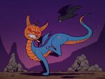 ambiguous_feral ambiguous_gender artist_name black_body black_wings blue_body blue_wings duo feral flying for_a_head grin membrane_(anatomy) membranous_wings object_head orange_body orange_scales outside pumpkin_head purple_sky red_eyes rock running scales side_view sky slash_freezen smile text wings