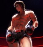  1boy abs alternate_costume black_hair boxer boxing boxing_gloves boxing_shorts character_name choso_(jujutsu_kaisen) commentary facial_tattoo from_above highres jujutsu_kaisen k4enyu male_focus medium_hair muscular muscular_male navel navel_hair nipples pectorals shorts solo tattoo thighs 