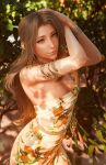  1girl 3d aerith_gainsborough aerith_gainsborough_(citric_dress) breasts cleavage dress earrings final_fantasy final_fantasy_vii final_fantasy_vii_ever_crisis food-themed_earrings food_print fruit_print highres jewelry looking_at_viewer necklace official_alternate_costume official_alternate_hairstyle orange-shaped_earrings orange-shaped_ornament orange_print smile solo sreliata strapless strapless_dress upper_body 