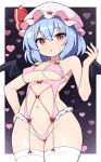  1girl :o alternate_costume bat_wings black_wings blue_hair breasts commentary_request garter_straps hat highres long_hair looking_at_viewer medium_breasts mob_cap navel one-piece_swimsuit pink_hat pink_one-piece_swimsuit red_eyes remilia_scarlet rizento short_hair solo swimsuit thighhighs touhou white_garter_straps white_thighhighs wings 