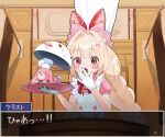  1girl ace_attorney apron blonde_hair blush_stickers bow bowtie braid buttons chef_hat cherry courtroom covering_own_mouth crust_(nikke) dialogue_box flag food food-themed_hair_ornament frilled_apron frills fruit gloves goddess_of_victory:_nikke hair_bow hair_intakes hair_ornament hat highres holding holding_tray lavalier_microphone long_hair looking_at_viewer open_mouth peparonipi20 pink_bow pink_shirt rabbit_hair_ornament red_bow red_bowtie red_eyes shirt strawberry_hair_ornament stuffed_animal stuffed_rabbit stuffed_toy surprised tray twin_braids white_apron white_gloves 