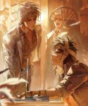  5boys akagi_shigeru animal_print bandaged_ear black_hair blazer blood cigarette clenched_teeth closed_mouth commentary cowboy_shot crying crying_with_eyes_open english_commentary fukumoto_mahjong grey_hair grey_jacket grey_pants highres itou_kaiji jacket kaiji long_hair long_sleeves looking_at_another male_focus multiple_boys old old_man open_clothes open_jacket open_mouth pants scar scar_on_cheek scar_on_face smile span_(shibanyu63868) striped_clothes striped_jacket striped_pants sunglasses tears teeth ten_(manga) tiger_print yellow_theme 