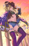  1girl against_railing asymmetrical_legwear belt blonde_hair bra breasts cape cleavage cowboy_hat cowboy_western denim denim_shorts feet_out_of_frame genjitsu_no_yohane hand_on_headwear hand_on_own_hip hat highres horns looking_at_viewer looking_to_the_side love_live! love_live!_school_idol_festival_all_stars love_live!_sunshine!! mari_(genjitsu_no_yohane) midriff mismatched_legwear navel official_alternate_costume ohara_mari ohara_mari_(twilight_cowgirl) orange_clouds orange_sky pellapie print_cape purple_thighhighs railing self_cosplay shorts sky solo stomach_tattoo tassel tattoo thigh_strap thighhighs underwear waste-man whip yellow_eyes 