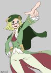  1girl absurdres bianca_(champion)_(pokemon) bianca_(pokemon) blonde_hair cape commission dutch_angle green_cape green_eyes green_hat grey_background hand_on_own_hip hat highres official_alternate_costume open_mouth pokemon pokemon_masters_ex red-framed_eyewear semi-rimless_eyewear simple_background solo superbaltanv2 