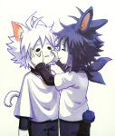  2boys ^_^ absurdres alternate_universe animal_ear_fluff animal_ears antenna_hair arms_at_sides bandana bandana_around_neck black_bandana black_eyes black_hair black_pants black_shirt brothers capelet cat_boy cat_ears cat_tail chara_(undertale) chinese_commentary closed_eyes closed_mouth colored_skin commentary_request cowboy_shot dot_nose face-to-face facing_another film_grain flipped_hair frisk_(undertale) from_behind hands_on_another&#039;s_cheeks hands_on_another&#039;s_face hands_up highres kemonomimi_mode layered_sleeves long_sleeves looking_at_another male_focus multiple_boys nishinianshaodehuanxi137 pants parted_lips rabbit_boy rabbit_ears rabbit_tail shirt short_hair short_over_long_sleeves short_sleeves siblings smile solid_circle_eyes tail undertale white_capelet white_hair white_shirt white_skin white_tail xtale 