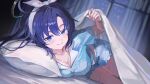  1girl absurdres animal_print bed bed_sheet black_halo blanket blue_archive blue_eyes blue_hair blue_pajamas blue_shirt blue_shorts blush bow_hairband breasts cat_print cleavage closed_mouth commentary_request curtains hair_between_eyes hairband halo highres indoors looking_at_viewer lying maria_(maria_rose) mechanical_halo medium_breasts official_alternate_costume on_bed pajamas pillow print_pajamas shirt shorts sleepwear smile solo thighs under_covers white_hairband yuuka_(blue_archive) yuuka_(pajamas)_(blue_archive) 
