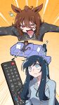  2girls ? agnes_tachyon&#039;s_trainer agnes_tachyon_(umamusume) ahoge arm_rest barefoot black_pajamas blue_eyes blue_hair blue_pajamas blue_ribbon brown_hair carrot_print chemical_structure commentary_request controller couch ear_ornament female_trainer_(umamusume) film_grain food_print hair_ribbon highres horse_girl korean_commentary lapels layer_(layer_illust) lazy long_hair motion_lines multiple_girls multiple_views on_couch orange_background pajamas pillow polka_dot polka_dot_background red_eyes remote_control ribbon sitting standing struggling sweat trainer_(umamusume) trembling umamusume upper_body v-shaped_eyebrows 