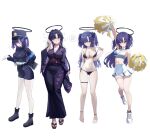  1girl alternate_costume armband ass_visible_through_thighs bare_shoulders barefoot bikini bikini_pull black_bikini black_halo blue_archive blue_armband blush breasts cheerleader cleavage closed_eyes clothes_pull collarbone cosplay detached_collar feet flying_sweatdrops full_body halo halterneck hat highres holding_strap japanese_clothes kimono large_breasts long_hair mechanical_halo millennium_cheerleader_outfit_(blue_archive) navel nozomi_(blue_archive) nozomi_(blue_archive)_(cosplay) pantyhose peaked_cap pom_pom_(cheerleading) pulling_own_clothes purple_eyes purple_hair purple_kimono shoes side-tie_bikini_bottom simple_background skindentation sneakers solo standing standing_on_one_leg steam stomach sukoyaka_konbu sweat swimsuit thigh_strap thighs toes train_conductor two_side_up white_background white_pantyhose white_shoes yuuka_(blue_archive) 