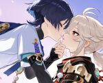  2boys armor black_gloves black_hair black_sleeves blunt_ends blush closed_eyes closed_mouth fingerless_gloves genshin_impact gloves hair_between_eyes hair_ornament highres imminent_kiss japanese_clothes kaedehara_kazuha low_ponytail male_focus multicolored_hair multiple_boys open_mouth ponytail red_eyes red_hair rrr_gns_(riuriu_1212) scaramouche_(genshin_impact) short_hair short_sleeves shoulder_armor streaked_hair vision_(genshin_impact) wanderer_(genshin_impact) white_hair yaoi 