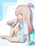  1girl absurdres ahoge artist_name bare_arms barefoot brown_eyes commentary flying_sweatdrops hand_fan highres holding holding_fan light_blush long_hair melciort no_pants onii-chan_wa_oshimai! oyama_mahiro paper_fan pink_hair shirt short_sleeves simple_background sitting solo sweat t-shirt twitter_username watermark white_shirt 