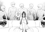  1girl 5boys alternate_form areola_slip bare_legs bare_shoulders blush breasts cleavage commentary completely_nude couch covered_nipples english_commentary english_text erection fatal_fury fate/grand_order fate_(series) gilgamesh_(caster)_(fate) gilgamesh_(fate) greyscale grin hetero high_ponytail highres huge_breasts imminent_gangbang japanese_clothes knees_to_chest long_hair looking_at_another meme monochrome motoyui multiple_boys multiple_persona muscular muscular_male ninja nude official_alternate_hairstyle on_couch parted_bangs penis pillow piper_perri_surrounded_(meme) ponytail revealing_clothes rope sakino_yumeko scene_reference shiranui_mai sideways_glance sitting smile speech_bubble surrounded sweat talking testicles the_king_of_fighters thighs uncensored very_sweaty yes-no_pillow 