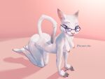  2022 all_fours anthro biped blue_eyes breasts butt digital_media_(artwork) discreet_user domestic_cat eyewear felid feline felis female fingerless_(marking) fur glasses looking_at_viewer mammal nipples pink_background raised_tail simple_background solo white_body white_fur 