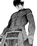  1boy arash_(fate) bangs belt black_hair closed_mouth covered_abs covered_navel fate/grand_order fate_(series) from_below gloves kimidake large_pectorals male_focus monochrome muscular muscular_male pectorals shiny shiny_clothes shirt short_hair skin_tight smile standing tight tight_shirt 