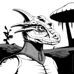  1:1 2022 anthro argonian bethesda_softworks bust_portrait collar fungus greyscale hi_res horn landscape looking_forward male mitokep monochrome morrowind mushroom outside plant portrait posture_collar reptile scalie slave solo text the_elder_scrolls tree url video_games 