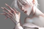  1boy bare_shoulders fingernails grey_background grey_eyes hair_between_eyes highres kohaku_0 lobor looking_at_viewer mole mole_under_mouth original own_hands_together portrait short_hair simple_background solo watch white_hair wristwatch 