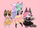  &lt;3 2022 4_fingers axelhoza big_tail blush bovid calico_cat canid canine caprine cheezborger_(chikn_nuggit) chikn_nuggit claws clothing cofi_(chikn_nuggit) costume digital_media_(artwork) domestic_cat felid feline felis female fingers floppy_ears food fox fur gesture green_body green_eyes green_fur grey_body grey_fur group hair half-closed_eyes hat head_tuft headgear headwear heart_nose hi_res mammal mottled multicolored_body narrowed_eyes one_eye_closed orange_body orange_fur pickle_(food) piebald pink_background pink_hair semi-anthro sheep simple_background slushi_(chikn_nuggit) trio tuft v_sign white_body white_fur wink wolf_costume 