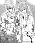  1boy 1other androgynous arabian_clothes bangs collarbone couple earrings enkidu_(fate) fate/grand_order fate_(series) gilgamesh_(fate) jewelry kimidake looking_at_another muscular muscular_male necklace parted_lips robe sitting smile toga toned topless_male white_robe 