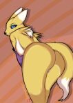  absurd_res anthro anus bandai_namco big_butt blue_eyes breasts butt canid canine canis digimon digimon_(species) female fluffy fluffy_chest fox fox_tail fur genitals hi_res looking_at_viewer looking_back mammal nipples pussy renamon skade_(artist) solo thick_thighs yellow_body yellow_fur 