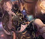  1girl ;o arm_behind_head arm_ribbon arm_up back_bow bow buttons crossed_legs eyes_visible_through_hair fire grey_hair half-closed_eye hand_to_own_mouth hand_up hanging_light himemushi_momoyo lamp leaning_back long_hair midriff navel niradama_(nira2ratama) one_eye_closed open_mouth ribbon shirt short_sleeves sitting skirt sleepy solo stomach touhou very_long_hair yawning 