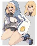  1boy :d bike_shorts blonde_hair blue_eyes bridget_(guilty_gear) bulge fingerless_gloves glasses gloves guilty_gear highres hood hoodie ina_(gokihoihoi) long_hair otoko_no_ko red-framed_eyewear simple_background smile solo 