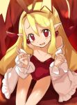  1girl bare_shoulders blonde_hair bow breasts demon_girl demon_tail disgaea downblouse earrings fang flonne flonne_(fallen_angel) from_above hair_bow heart heart_earrings highres jank365m jewelry leotard long_hair looking_at_viewer looking_up makai_senki_disgaea off_shoulder open_mouth pointy_ears red_eyes red_leotard ribbon shirt sitting small_breasts solo strapless strapless_leotard tail tears thigh_gap thighs white_shirt 