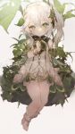  1girl bangs bloom blush dolphro-kun genshin_impact gold_trim green_eyes hair_between_eyes hair_ornament leaf leaf_hair_ornament long_hair looking_at_viewer monster_girl parted_lips plant plant_girl pointy_ears potted_plant solo vines white_background 