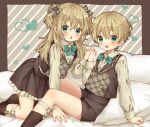  1boy 1girl :d :o bed bed_sheet blonde_hair blue_eyes bow brown_background checkered_clothes checkered_vest hair_bow half_updo heart highres holding_hands legwear_garter long_sleeves looking_at_viewer multicolored_background original rii_(pixiv11152329) short_hair shorts siblings skirt smile socks striped striped_background twins twintails vest white_background 
