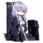  1boy absurdres arknights bangs black_coat black_footwear black_pants chibi coat grey_hair hair_between_eyes highres long_hair looking_at_viewer male_focus pants pointy_ears purple_eyes shalem_(arknights) shirt shoes simple_background smile solo staff standing tail white_background white_shirt yoruyume 