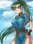  1girl black_gloves blue_dress blue_sky breasts china_dress chinese_clothes closed_mouth cloud commentary_request day dress earrings fingerless_gloves fire_emblem fire_emblem:_the_blazing_blade floating_hair gloves green_eyes green_hair hair_tie hazuki_(nyorosuke) highres jewelry large_breasts lips long_hair looking_at_viewer lyn_(fire_emblem) outdoors pelvic_curtain pink_lips ponytail sheath sheathed short_sleeves side_slit sky smile solo sword thighs very_long_hair weapon 