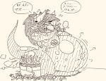  anthro areola belly big_areola big_belly big_breasts bodily_fluids breasts bucket_of_chicken chicken_meat curvy_figure dinosaur eating eating_food fangs female food hage hair hi_res holding_food holding_object horn huge_thighs hyper hyper_belly hyper_thighs inflation japanese_text meat monochrome navel nipples open_mouth outie_navel puffy_nipples reptile scalie smoke_from_belly smoke_from_butt smoke_from_mouth solo sweat tears text thick_thighs translation_request voluptuous wide_hips 