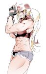  1girl abs adjusting_clothes adjusting_headwear baseball_cap biceps blonde_hair bowalia breasts crop_top cutoffs denim denim_shorts fatal_fury fatal_fury_cap fingerless_gloves flexing genderswap genderswap_(mtf) gloves hat large_breasts long_hair micro_shorts midriff muscular muscular_female navel obliques open_clothes open_fly open_shorts ponytail pose short_shorts shorts snk snk_heroines:_tag_team_frenzy star_(symbol) tank_top terry_bogard the_king_of_fighters thick_thighs thighs toned unzipped vest 