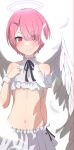  1girl absurdres angel angel_wings bangs bare_shoulders blush breasts camui1104 eyes_visible_through_hair feathers hair_ornament hair_over_one_eye hairclip halo highres looking_at_viewer navel pink_hair pleated_skirt ram_(re:zero) re:zero_kara_hajimeru_isekai_seikatsu red_eyes short_hair skirt small_breasts smile solo stomach white_skirt wings wrist_cuffs x_hair_ornament 