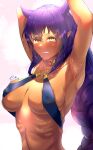  1girl armpits arms_up bangs blush braid breasts choker clenched_teeth covered_nipples dark-skinned_female dark_skin hair_flaps highres jahy jahy-sama_wa_kujikenai! light long_hair looking_at_viewer medium_breasts o-ring o-ring_top pointy_ears presenting_armpit purple_hair ribs semino_hazuki sideboob sidelocks signature slit_pupils stomach sweat tears teeth upper_body white_background yellow_eyes 