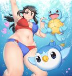  1girl arm_up armpits bangs blue_eyes blush breasts breasts_apart brown_eyes brown_hair bubble closed_mouth commentary_request covered_nipples feet_out_of_frame heart highres holding_hands large_breasts looking_at_viewer luvdisc navel orizen piplup pokemon pokemon_(game) pokemon_go red_eyes squirtle swimming swimsuit tareme thick_arms thick_thighs thighs two-tone_swimsuit underwater water 