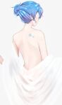  1girl back back_focus back_tattoo blue_hair facing_away from_behind hair_bun highres hololive hoshimachi_suisei naked_towel saco_(cgmore) simple_background single_hair_bun solo star_tattoo tattoo towel virtual_youtuber white_background 