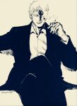  1boy all_for_one_(boku_no_hero_academia) anco_jamz arm_support bad_source boku_no_hero_academia collared_shirt crossed_legs formal highres male_focus monochrome parted_lips shaded_face shirt short_hair simple_background sitting smile smoke smoking smug suit twitter_username 