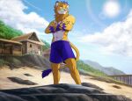  2021 animated anthro beach_house blue_bottomwear blue_clothing blue_shorts bottomwear building clothed clothing cloud crossed_arms felid house lion male mammal pantherine rock sea seyumei shorts sky solo summer sun swimwear topless topless_anthro topless_male water 