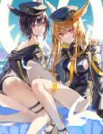  2girls bangs beret black_gloves black_hair black_headwear black_jacket black_one-piece_swimsuit blonde_hair breasts closed_mouth commentary_request fate/grand_order fate_(series) feathers gloves glowing hand_on_own_thigh hat head_wings high_heels highres jacket long_hair long_sleeves looking_at_viewer medium_breasts multiple_girls open_clothes open_jacket ortlinde_(fate) ortlinde_(swimsuit_assassin)_(fate) parted_lips poppoman red_eyes sideboob swimsuit thigh_strap thrud_(fate) thrud_(swimsuit_assassin)_(fate) valkyrie_(fate) 