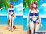  2022 5_fingers anthro beach bikini breasts clothing day detailed_background digital_media_(artwork) eyebrows eyelashes female fingers hooves midriff mifa navel outside sand seaside shoreline sky small_waist solo standing swimwear water wide_hips 