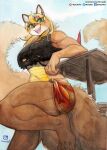  2022 4_toes absurd_res anthro arm_support artist_logo artist_name athletic athletic_anthro athletic_female big_breasts black_clothing black_crop_top black_shirt black_topwear blonde_hair blue_sky breasts brown_body brown_fur canid canine clothed clothing crop_top ear_piercing english_text eyelashes eyelashes_through_hair facebook fangs feet female fluffy fluffy_tail fur glistening glistening_eyes green_eyes hair hi_res horn leaning_on_elbow logo long_tail looking_at_viewer low-angle_view mammal midriff murazaki muscular_thighs navel open_mouth open_smile painting_(artwork) patreon piercing raised_leg shirt sky smile solo teeth text thick_thighs toes tongue topwear torn_clothing torn_shirt torn_topwear traditional_media_(artwork) translucent translucent_hair twitter watercolor_(artwork) 