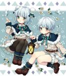  1boy 1girl aqua_eyes belt blue_background blue_hair bug butterfly coat flower fur_trim highres lantern long_hair long_sleeves multicolored_background original pantyhose pink_coat rii_(pixiv11152329) short_hair shorts siblings twins white_background white_butterfly white_flower 