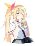  1girl ahoge bag blonde_hair blush choker closed_eyes drinking_straw h_(eitilog) hair_ornament hair_ribbon highres hoshikawa_sara humming long_hair musical_note nail_polish nijisanji ribbon school_bag school_uniform simple_background smile solo starbucks very_long_hair virtual_youtuber white_background x_hair_ornament 